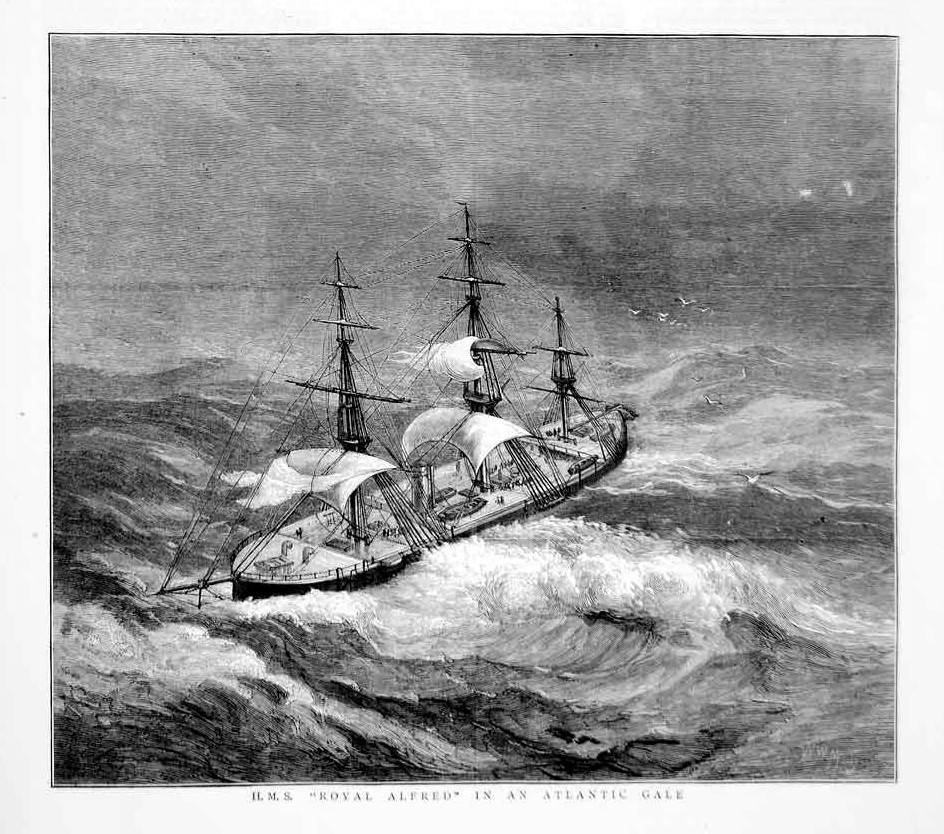Rycina przedstawiająca okręt podczas sztormu.