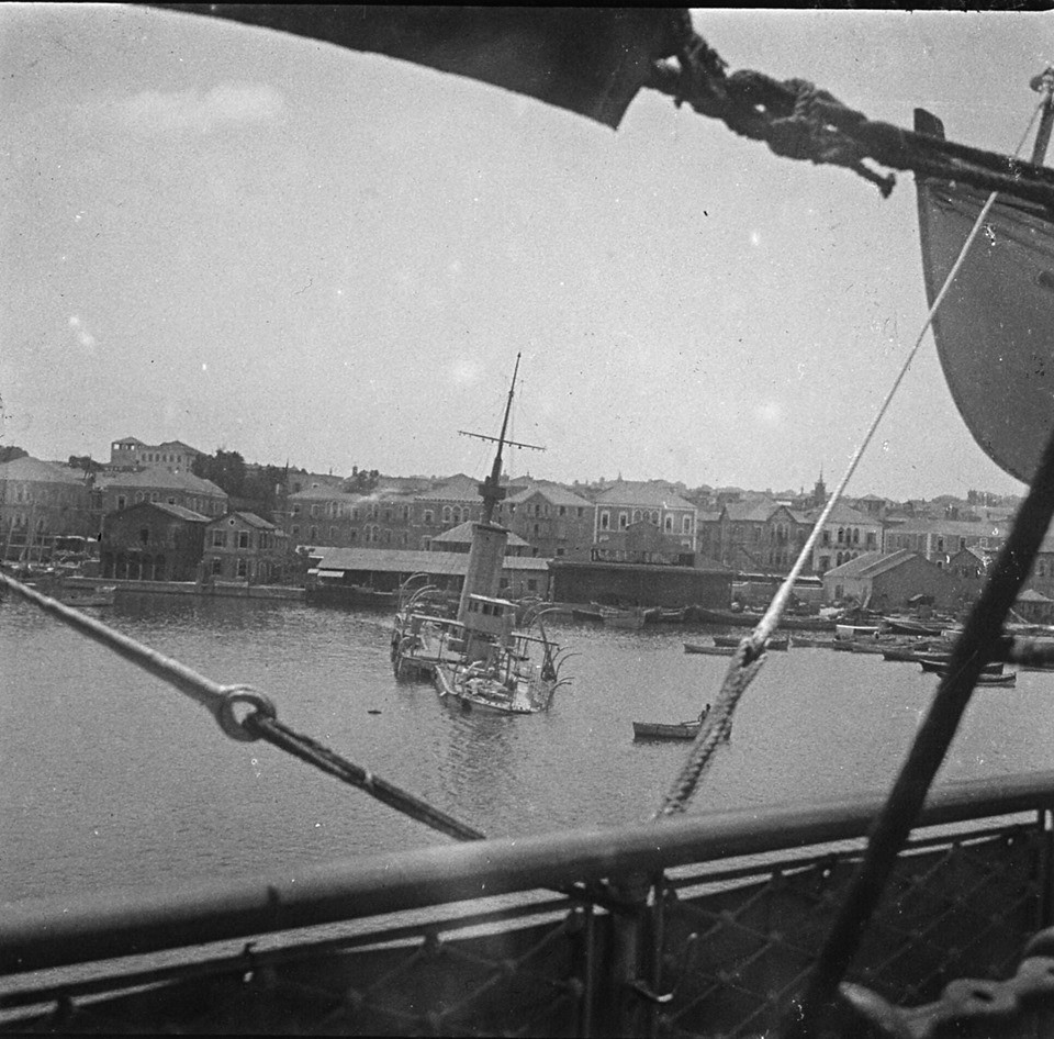 Turkish ironclad corvette Avnillah sunk by Italian armored cruisers Giuseppe Garibaldi and Francesco Ferruccio in Beirut in 1912.jpg