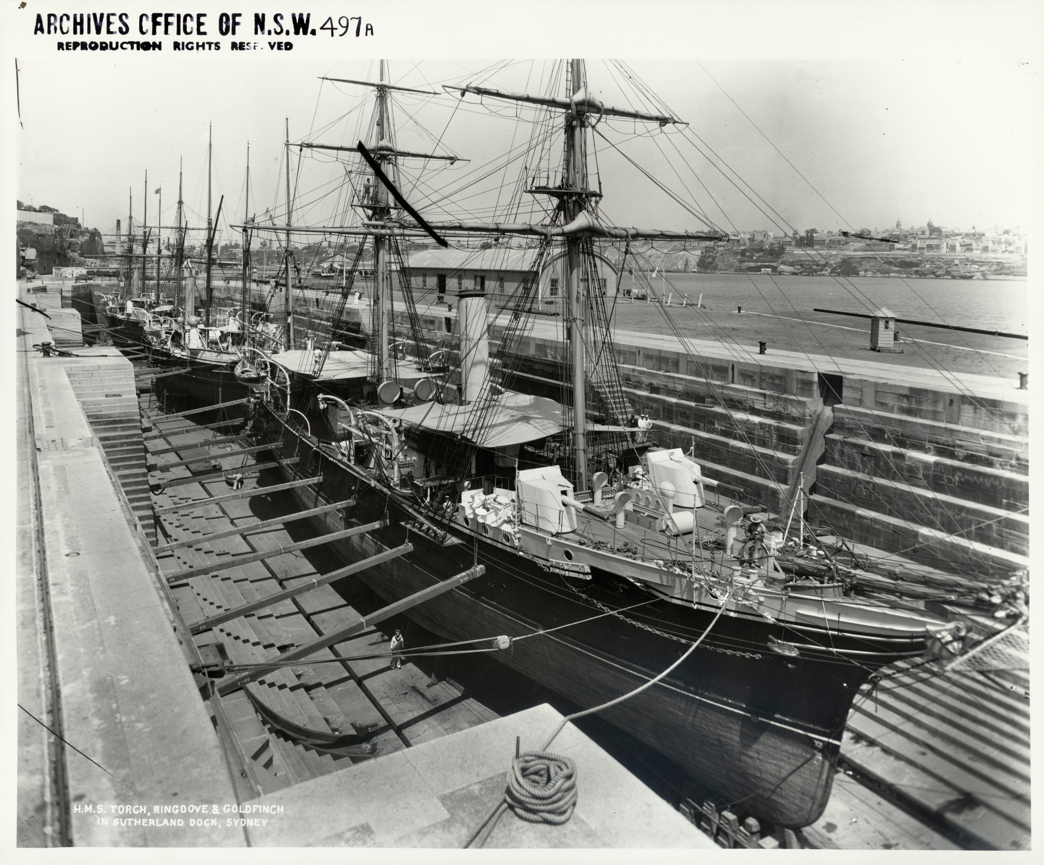 Torch (na pierwszym planie), Ringdove i Goldfinch w suchym doku Sutherland Dock, Cockatoo Island Sydney, 1897-98.jpg