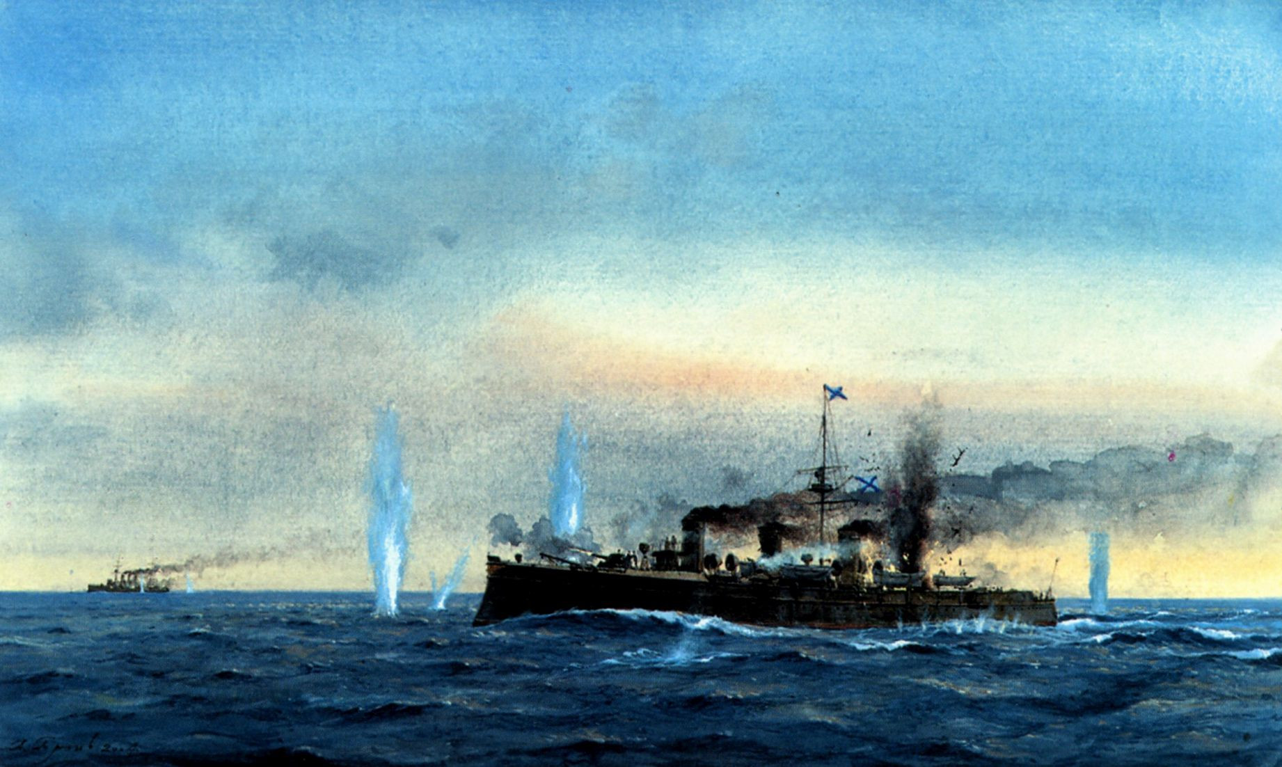 Pojedynek pomiędzy krążownikami nowik i Tsushima koło Korsakowska na Sachalinie (Nowik przerwał blokadę po bitwie na M. Żółtym, ale koło Korsakowska został przechwycony przez Tsushimę). W walce nowik zostal ciężko uszkodzony i po powrocie do Korsakowska zatopiony przez własną załogę.