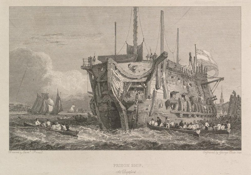 Discovery, a prison hulk moored at Deptford. George Cooke after Samuel  Prout 1826.jpg