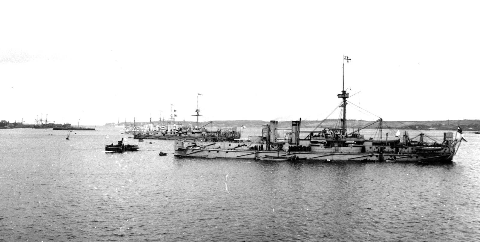Ships of the German Battle Fleet at anchor in Kiel Harbor in 1896-  In the foreground, the 4 Sachsen-class ironclads  the center background, the two funnel, three mast modernized battleship  KW.jpg