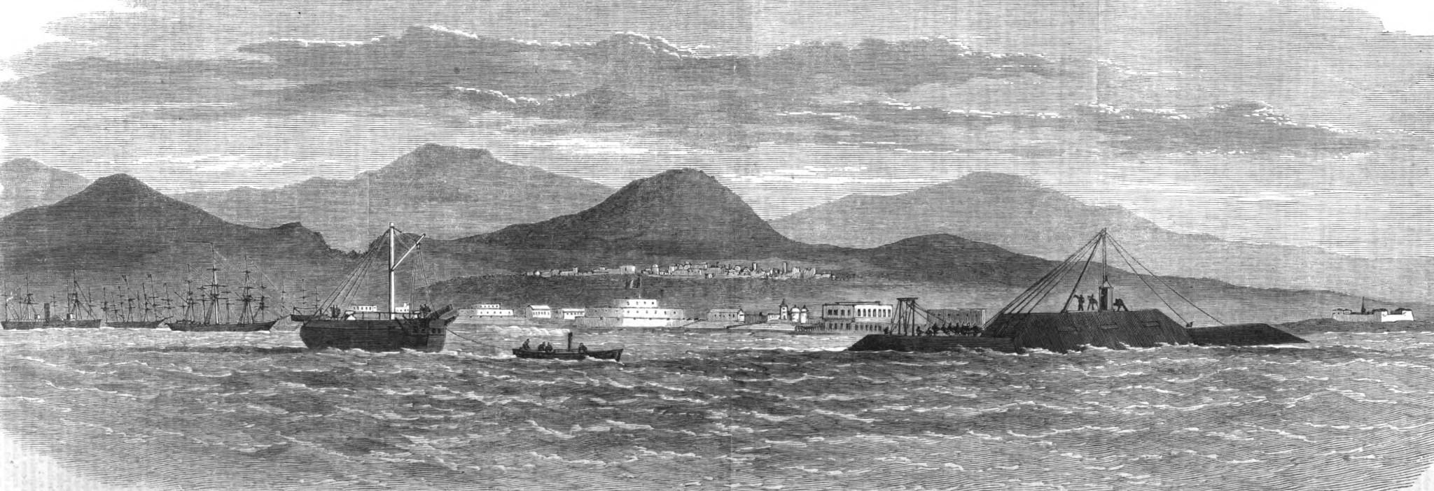 W lutym 1866 pancernik osiadł na mieliźnie koło Callao. Na rycinie przedstawiono prace ratownicze, przy jego ściąganiu z tejże mielizny.