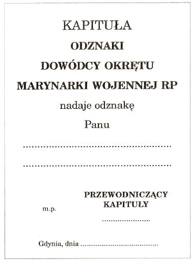 Legitymacja Odznaki &quot;Dowodca okrętu &quot;