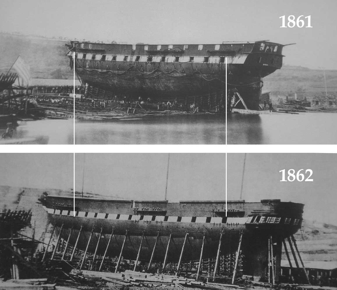 Ciekawe porównanie pokazujące zmiany podczas przebudowy Novary z żaglowca na okręt parowy
